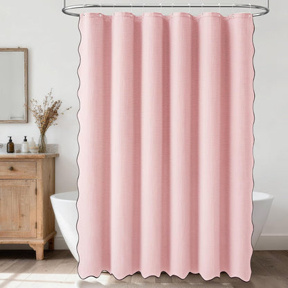 Dynamene Extra Long Scalloped Shower Curtain - 84 inch Cute Heavy Duty Waffle Fabric 256GSM, Modern Hotel Luxury Shower Curtains for Bathroom with Black Scalloped Edge, 12 Plastic Hooks, 72x84, Pink
