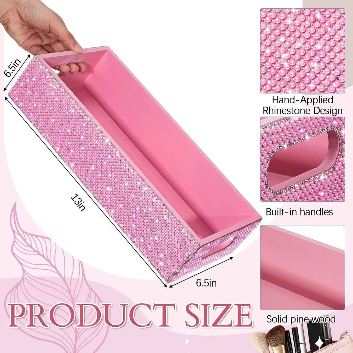 Honeydak Bling Rhinestone Pink Pearl Bathroom Basket with Handle, 13" x 6" x 3" Toilet Tank Tray, Crushed Diamond Bathroom Decor, Back of Toilet Storage Organizer, Sparkly Gifts for Women