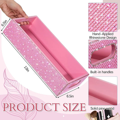 Honeydak Bling Rhinestone Pink Pearl Bathroom Basket with Handle, 13" x 6" x 3" Toilet Tank Tray, Crushed Diamond Bathroom Decor, Back of Toilet Storage Organizer, Sparkly Gifts for Women