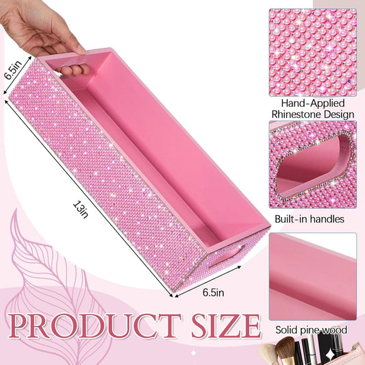 Honeydak Bling Rhinestone Pink Pearl Bathroom Basket with Handle, 13" x 6" x 3" Toilet Tank Tray, Crushed Diamond Bathroom Decor, Back of Toilet Storage Organizer, Sparkly Gifts for Women