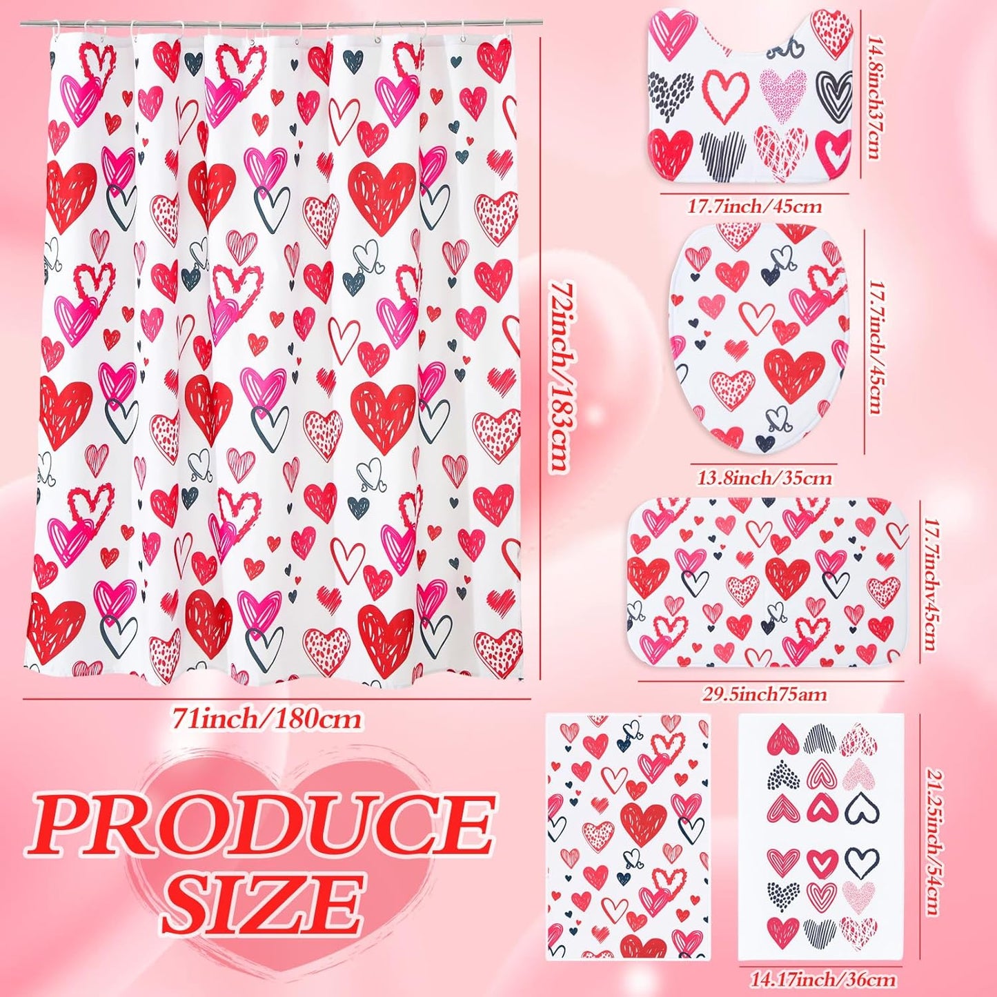 Gilprop 6 Pcs Valentine's Day Shower Curtain Set Valentines Bathroom Decor with Toilet Lid Cover, U-shaped Mat, Bath Mat, 2 Towels, Red and Pink Valentines Shower Curtains with 12 Hooks for Home Decor