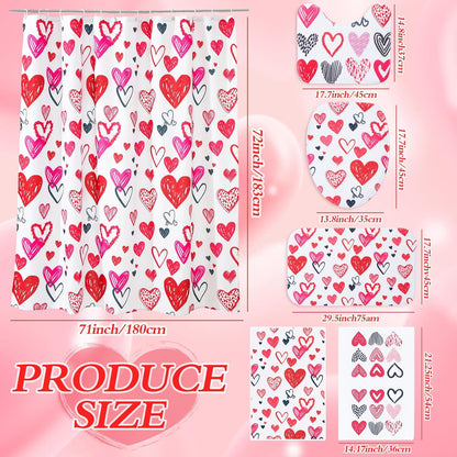 Gilprop 6 Pcs Valentine's Day Shower Curtain Set Valentines Bathroom Decor with Toilet Lid Cover, U-shaped Mat, Bath Mat, 2 Towels, Red and Pink Valentines Shower Curtains with 12 Hooks for Home Decor