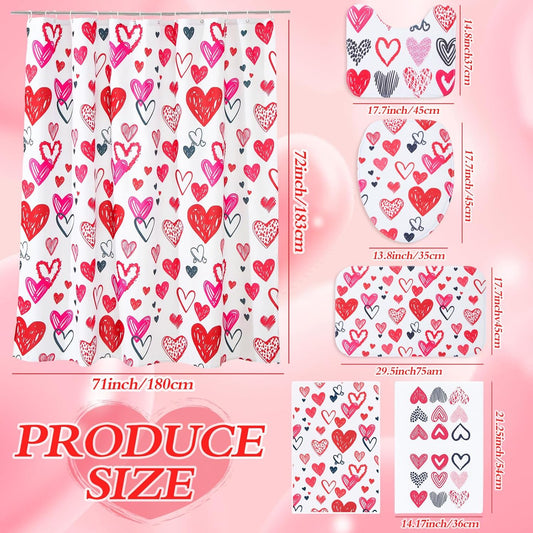 Gilprop 6 Pcs Valentine's Day Shower Curtain Set Valentines Bathroom Decor with Toilet Lid Cover, U-shaped Mat, Bath Mat, 2 Towels, Red and Pink Valentines Shower Curtains with 12 Hooks for Home Decor
