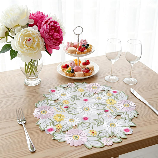 14 Inch Round Spring Flower Placemats Set of 4, Daisy Embroidered Doilies, Soft Breathable Washable Non-Slip Table Mats for Home Kitchen Dining Party Daily Decor,Pink&White