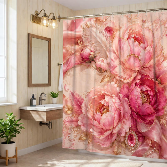 Peony Shower Curtain, Floral Romantic Ribbon Feather Spring Peach Waterproof Fabric Toile Cloth Shower Curtains Decor for Bathroom Guest Room 72x72 Inch