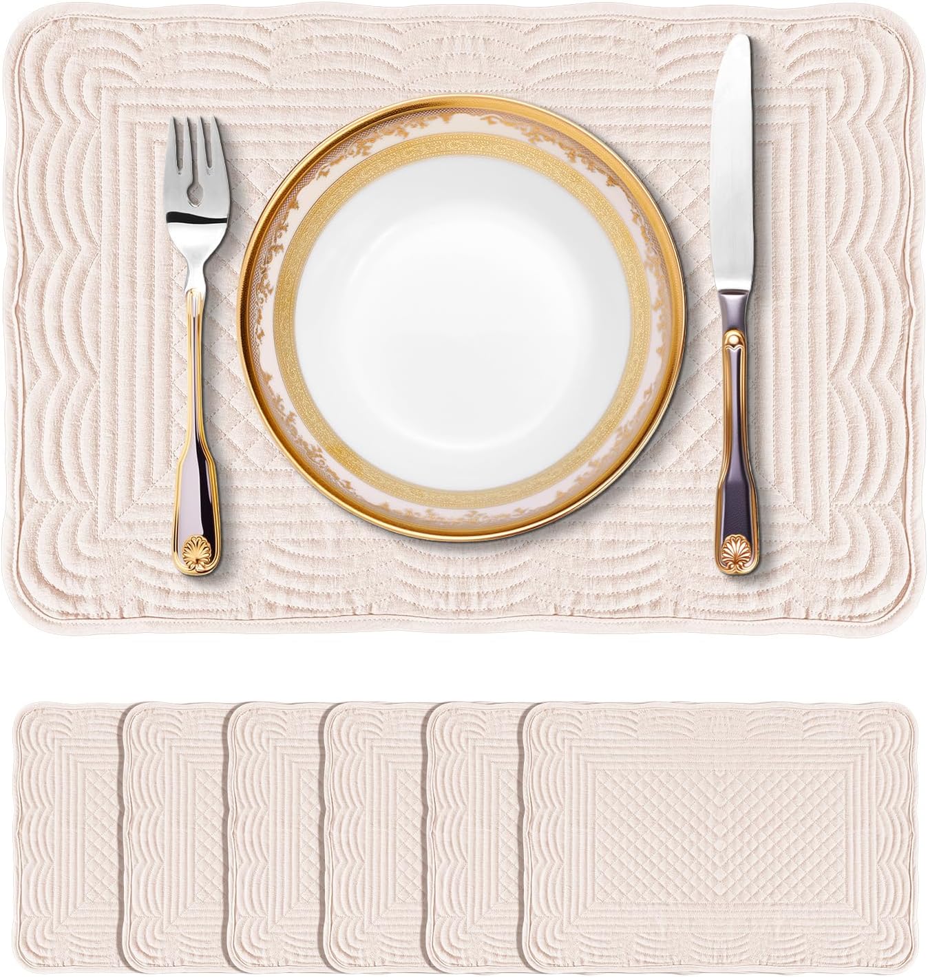 Quilted Placemats Set of 6, Rectangular Placemats Machine Washable for Kitchen or Dining Table Fabric Rectangular Table Mats100% Cotton Pink