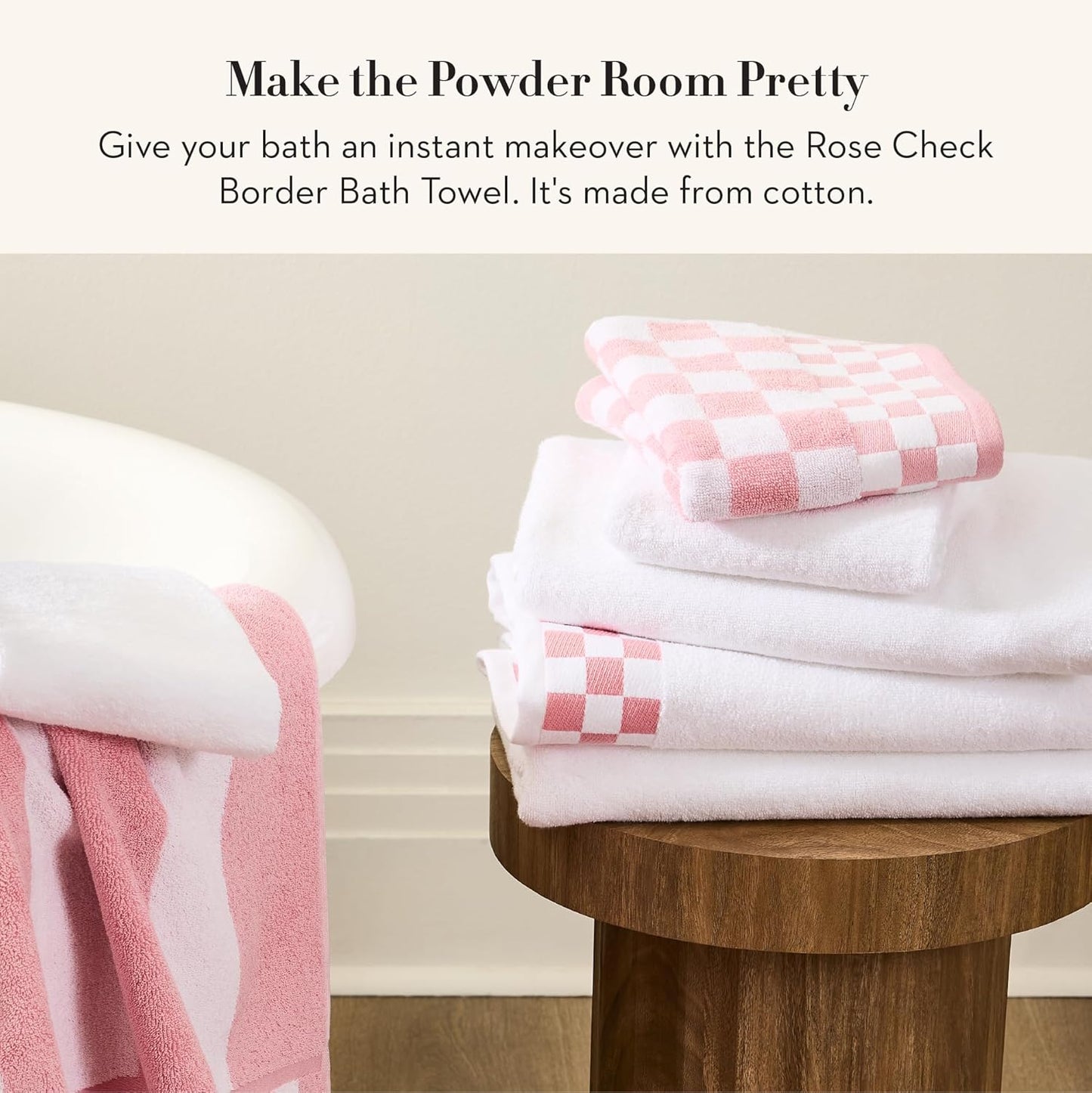 MACKENZIE-CHILDS Cotton Bath Towel, Washable Bath Towel for Bathroom Decor, 27" x 56", Pink-and-White Rose Check Border