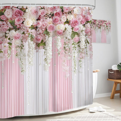 Glawry Pink Floral Shower Curtain,Girly Romantic Spring Blossom Flowers Bathroom Curtains, Girl Women Pink Roses Shower Curtain Set 60Wx72L Inches Bath Accessories Decor Fabric 12 Hooks