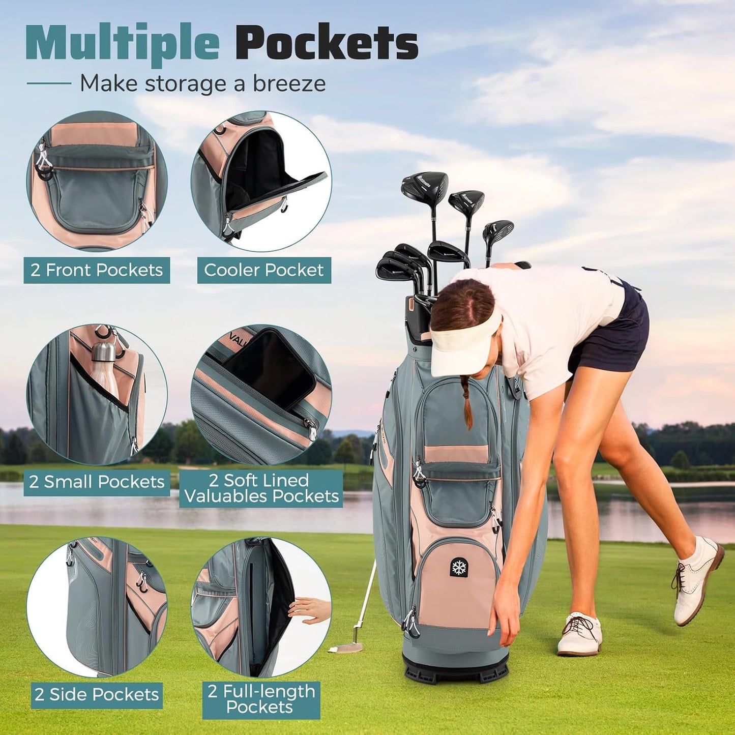 Goplus Lightweight Golf Cart Bag, Molded Lock Top Golf Club Bag w/14-Way Full Length Organizer Dividers, 11 Pockets, Cooler Bag, Straps, Umbrella Holder & Rain Hood for Men Women