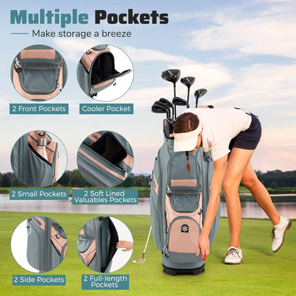 Goplus Lightweight Golf Cart Bag, Molded Lock Top Golf Club Bag w/14-Way Full Length Organizer Dividers, 11 Pockets, Cooler Bag, Straps, Umbrella Holder & Rain Hood for Men Women