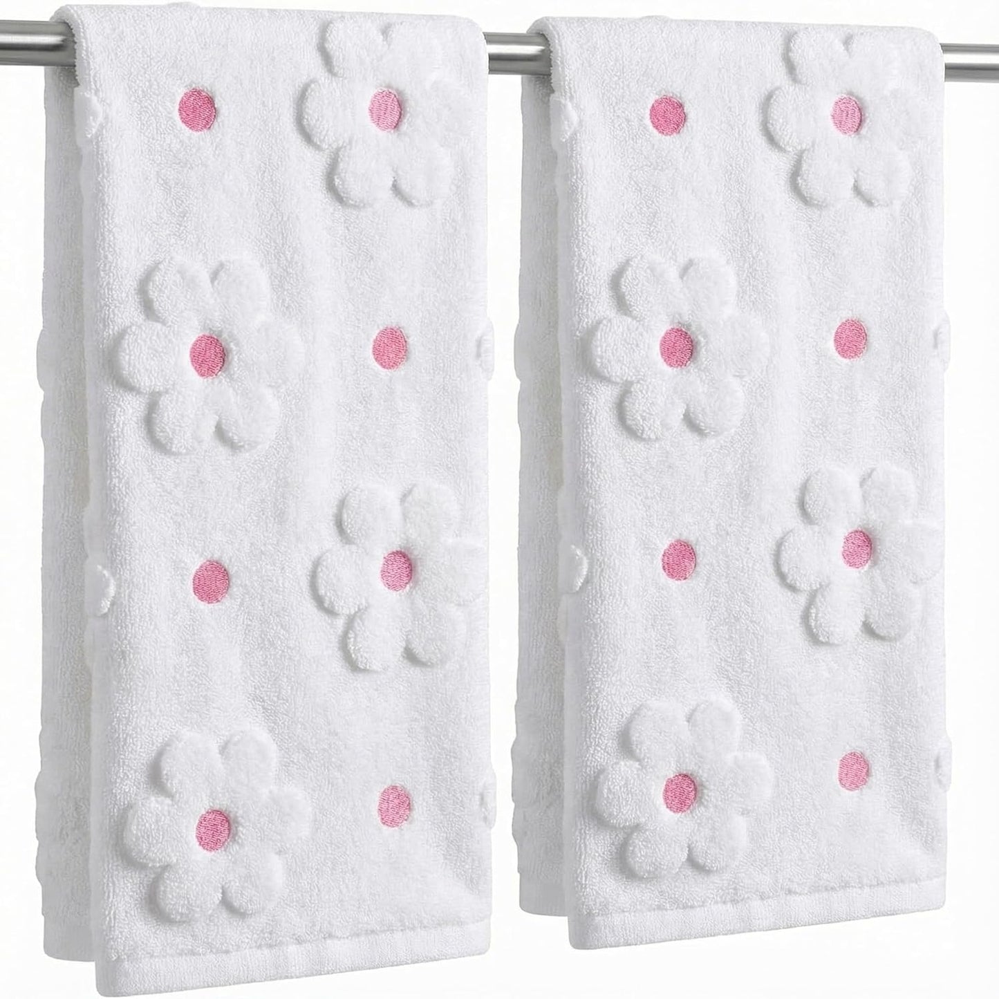 Mindsoft 2 Pcs Daisy Hand Towels for Bathroom Coquette Hand Towels 100% Cotton Absorbent Decorative Jacquard Weave Bath Decor Preppy Kitchen Decor Gift(Pink)