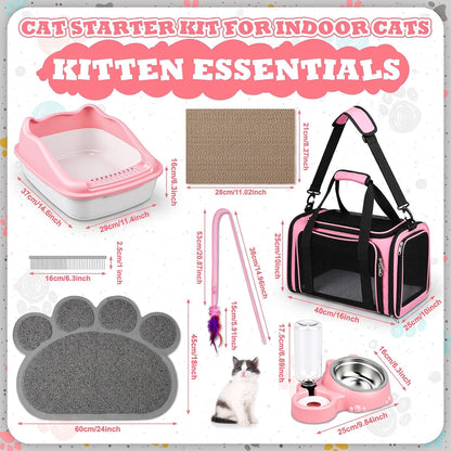 8 Pcs Kitten Supplies Starter Kit, Cat Kitten Starter Kit Essentials Includes Cat Litter Box mat Bowls Folding Carrier Scratch Pad Accessories for Welcome Gift Supplies(Pink)