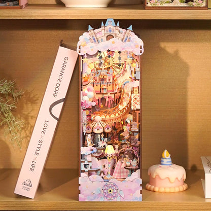 Tonecheer DIY Book Nook Kit for Adults, Booknook Wooden 3D Puzzle Bookend Miniature House Kit, Fantasy Pink Bookshelf Decor with Dust Cover and LED Light for Birthday Gifts (Sweet Dream)