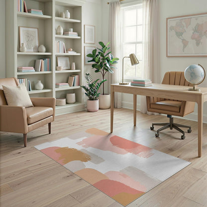 4'x6' Washable Flatwoven Rug, Peach Contemporary Abstract Easy Care Throw Carpet for Dorm Room, Small Living Room, Apartment, Stain Resistant Low Profile Floor Covering | Ref:1990619