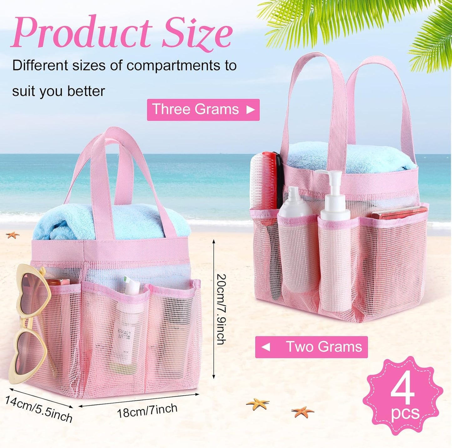 Hillban 4 Pcs Mesh Shower Caddy Portable Shower Caddy for Dorm Beach Mesh Bags with Deeper 8 Pockets and Handles Showers Caddies Basket for Women College Room Vacation(Pink)