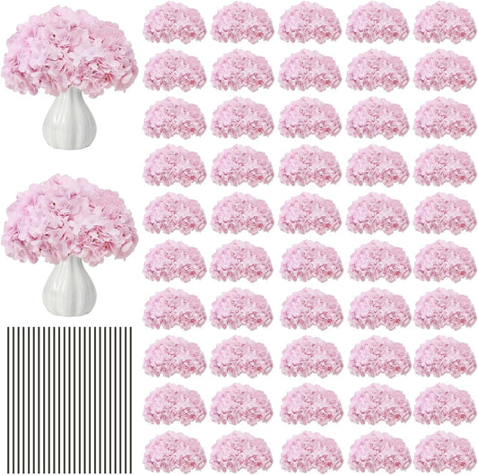 65PCS Peach Pink Artificial Hydrangea Flowers Bulk with Stems, Silk Faux Hydrangea Heads for Garden Party DIY