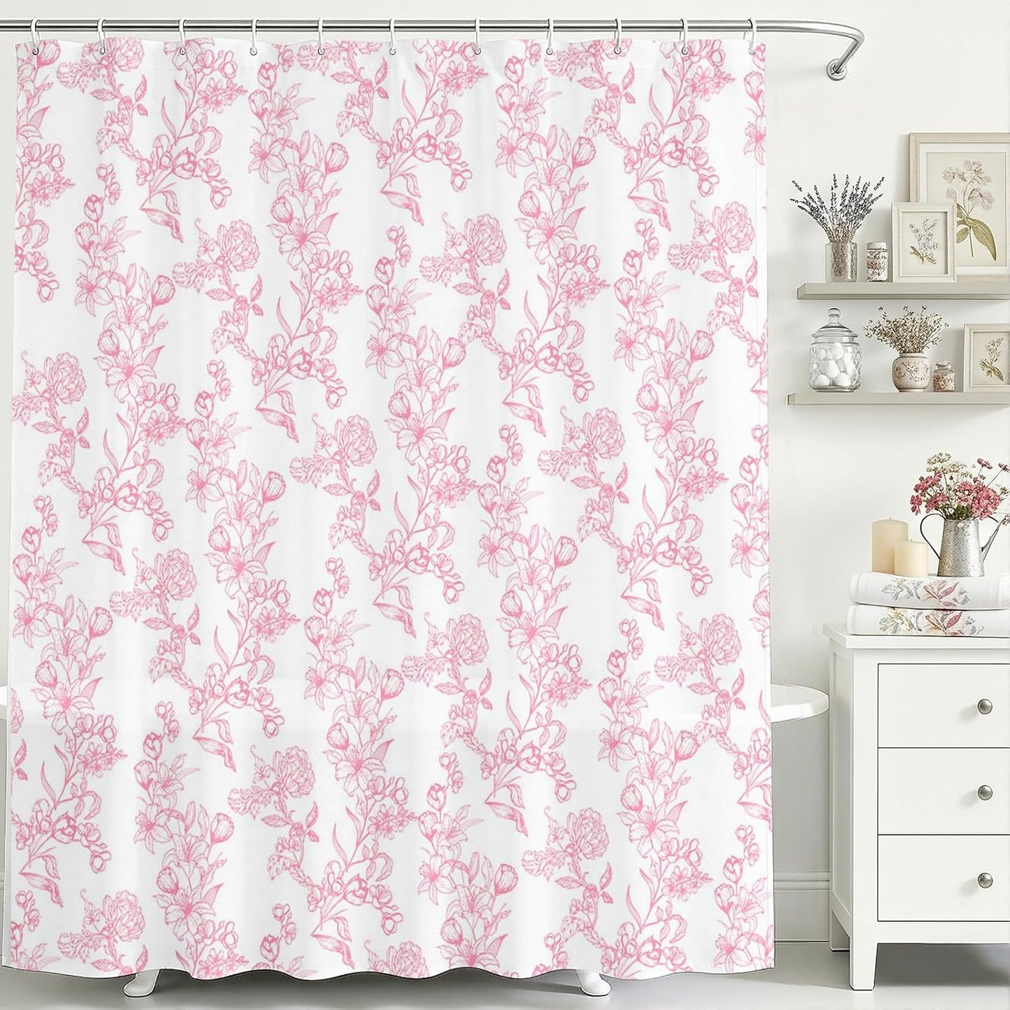 Mocsicka Floral Shower Curtain Pink Flower Bathroom Shower Curtain Spring Floral Pink Waterproof Fabric Shower Curtains Bathtub Decor with 12 Hooks 72 X 72 Inch (Pink)