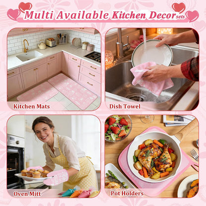 10 Pcs Pink Kitchen Dish Towels Pot Holders Oven Mitts Glove Rustic Rugs Mat Set Cute Farmhouse Kitchen Decor Accessories for Cooking Baking Home Decor Spring Housewarming Mom Gift BBQ
