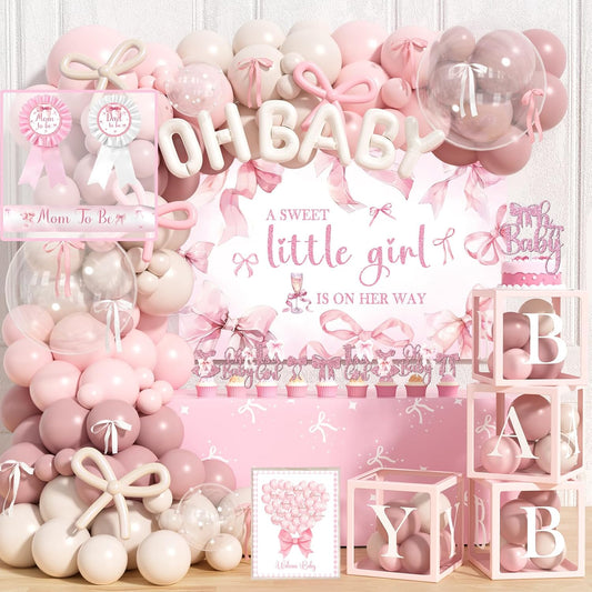 Costova Pink Bow Baby Shower Decorations Kit – 144 Pcs Complete Coquette Baby Shower Party Supplies for Girl Pink Bow Themed Party Décor