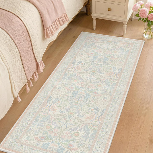Soft Washable Runner Rug 2x6 Non Slip for Girls Bedroom, Laundry Room Rug, Kitchen, Bathroom, Floral Light Pink and Blue Stain Resistant Floor Runner Carpet Low Pile with Rubber Backing