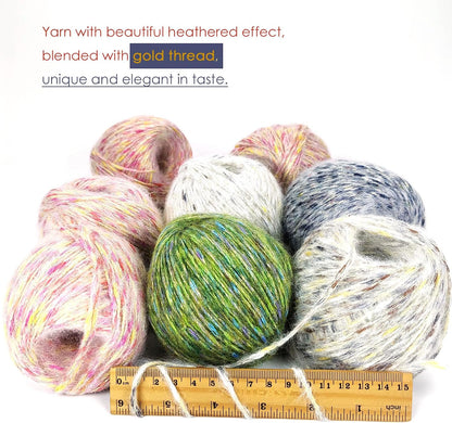 4 Pack Metallic Blend Yarn, 200g/600yds Shiny Sparkle Yarn with Gold Thread, 2mm Soft Wool Polyester Mix Yarn for Crocheting, Knitting, Light Garments, Scarves, Hats DIY Crafts (2#Pink)