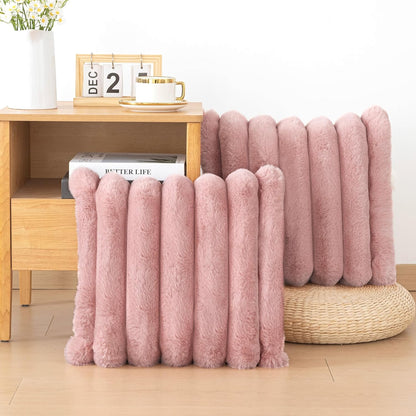 Touchat Pack of 2 Faux Fur Pillow Covers, 18x18 Inch Decorative Throw Pillow Covers with Hidden Zipper, Ultra Soft Couch Cushion Pillows Covers for Sofa/Bedroom Wide Stripe, Pink