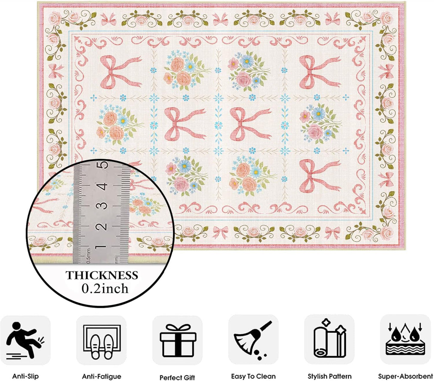 Bow 5x7 Area Rug Pink Princess Rugs Machine Washable Non-Slip Low-Pile Floor Carpet Mat for Girls Room Nursery Vanity Living Room Bedroom Dining Room Office