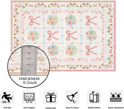 Bow 5x7 Area Rug Pink Princess Rugs Machine Washable Non-Slip Low-Pile Floor Carpet Mat for Girls Room Nursery Vanity Living Room Bedroom Dining Room Office