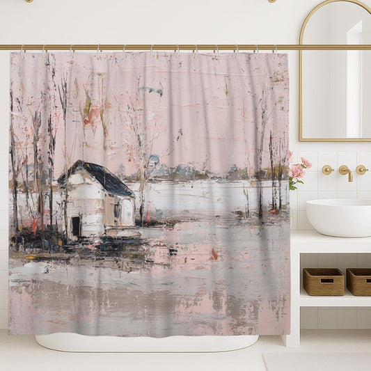 Artistic Shower Curtain, Peach Abstract Landscape Design Bathroom Decor, Modern Minimalistic Nature Scene Waterproof Fabric Shower Curtain with Hooks 72x72 Inch