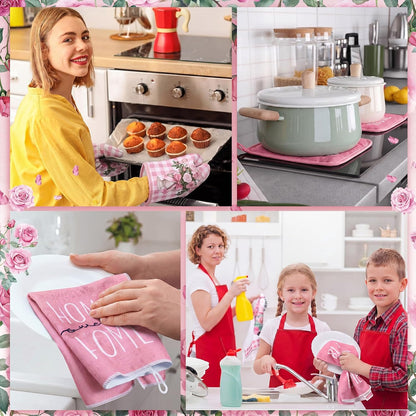 Fourluoo 16 Pcs Pink Rose Kitchen Decor Set Kitchen Towels Placemats Non Slip Rugs and Mats for Floor Oven Mitts Gloves Pot Holders Floral Curtains for Home Decoration Gift