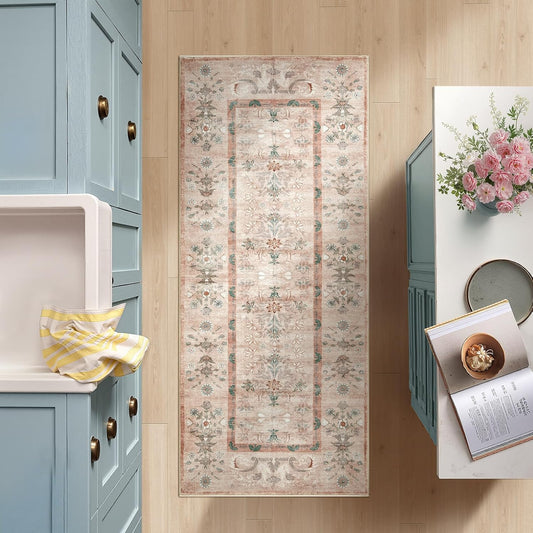 jinchan Runner Rug 2x5 Kitchen Washable Rug, Vintage Floral Carpet Hallway Mat with Non Slip, Runner Rugs Low-Pile Carpet for Bedroom Bathroom Laundry Room Living Room (Dusty Pink)
