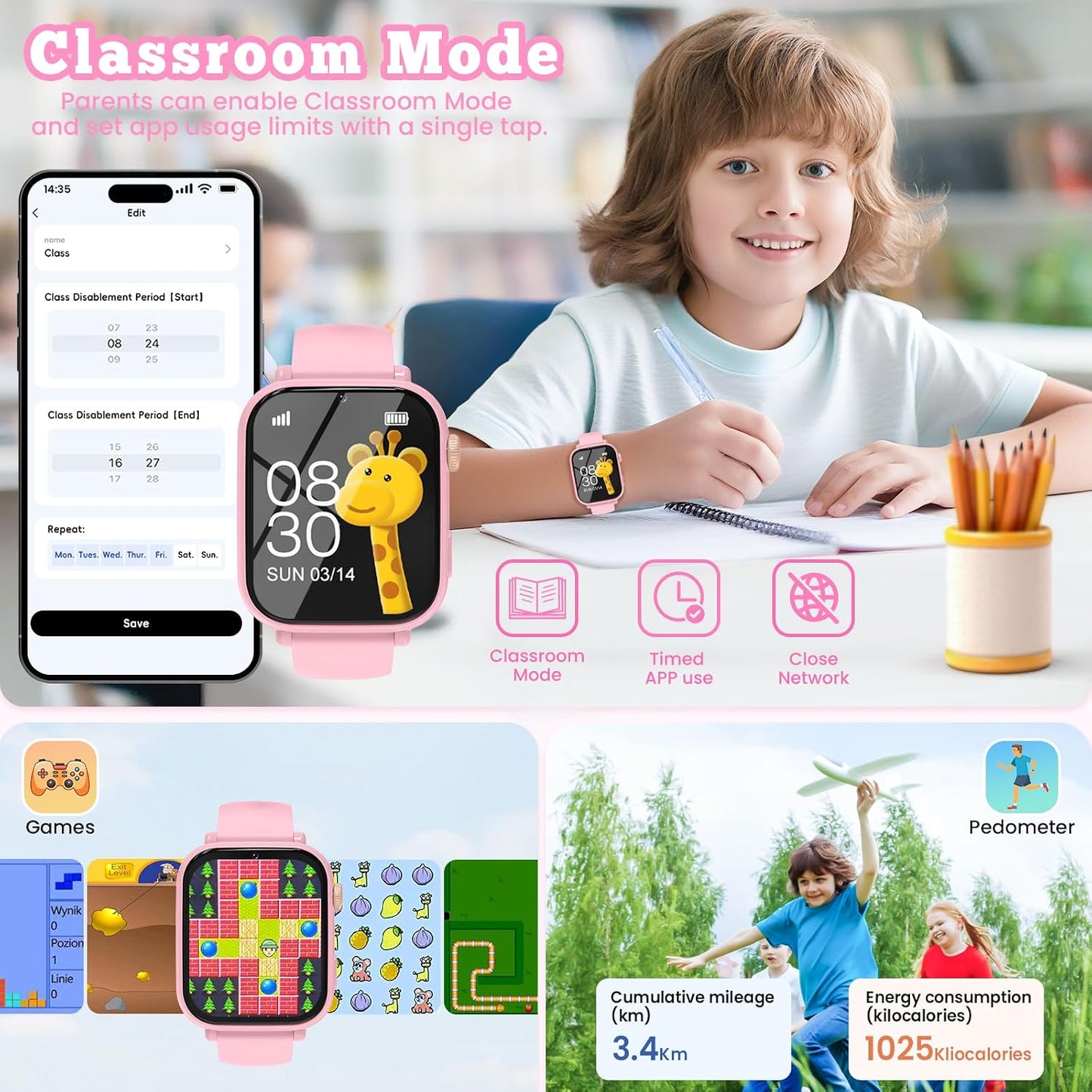 4G Kids Smart Watch GPS Tracker, Smartwatch for Kid with Video Calling, Voice Chat, Class Mode, SOS , Pedometer, Alarm, SIM Card HD Touch Screen Phone Watch Gift for 4-12 Girls Boys (Light Pink)