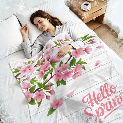 Cooling Blanket for Hot Sleepers, Hello Spring Peach Blossom Floral Lightweight Cold Summer Blanket for Night Sweats, Pink Flower Rustic Wood Grain Soft Cool Blankets for Sofa Office 40x60in