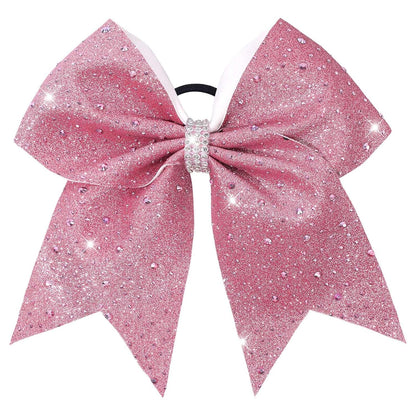 VOBOBE 7" Large Glitter Cheer Hair Bows with Rhinestones Pink Ponytail Holder Elastic Band Handmade for Cheerleading Teen Women Girls College Sports 1pcs (Pink)