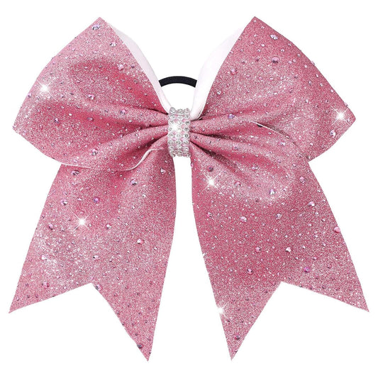 VOBOBE 7" Large Glitter Cheer Hair Bows with Rhinestones Pink Ponytail Holder Elastic Band Handmade for Cheerleading Teen Women Girls College Sports 1pcs (Pink)