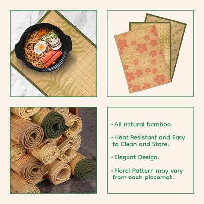 BambooMN Premium Bamboo Slats Placemat with Fabric Border - Floral Print - 12" x 17.5" - Peach Blossom, 4 pcs