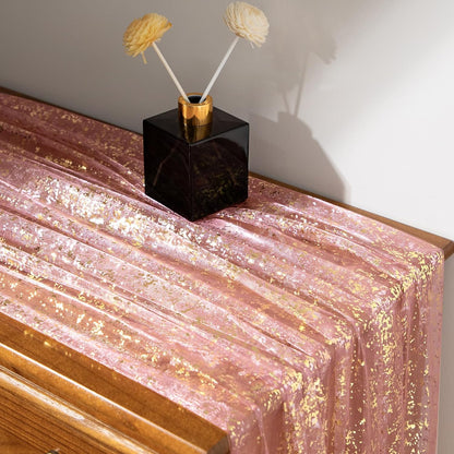 P Pothuiny 2 Pcs Dusty Pink Table Runner 28 x 120 Inch, Glitter Metallic Foil Tulle Table Runner Party Golden Sheer Gauze Table Decor for Wedding Birthday Christmas Anniversary