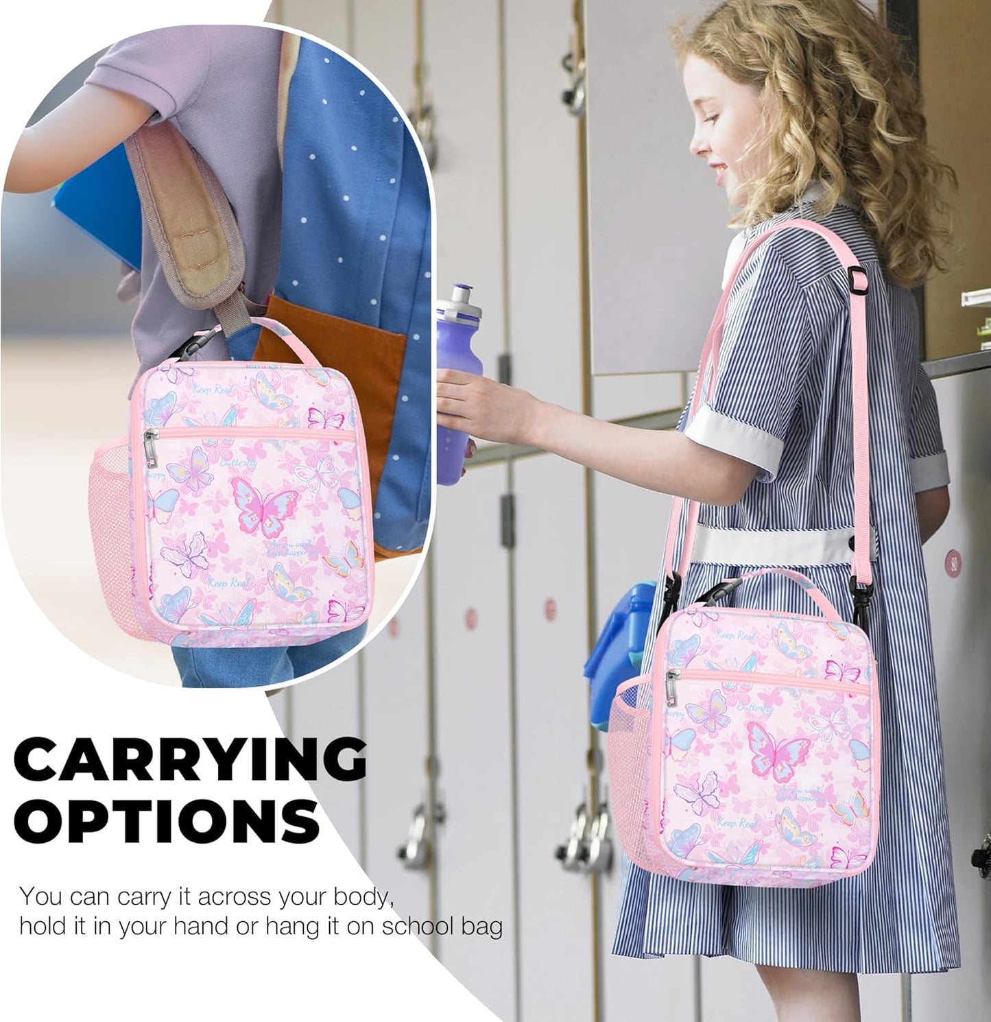 Clastyle Pink Insulated Kids Lunch Bag Large Thermal Cooler Bag for Girl Picnic School Lunch Box Tote,Colorful Butterfly
