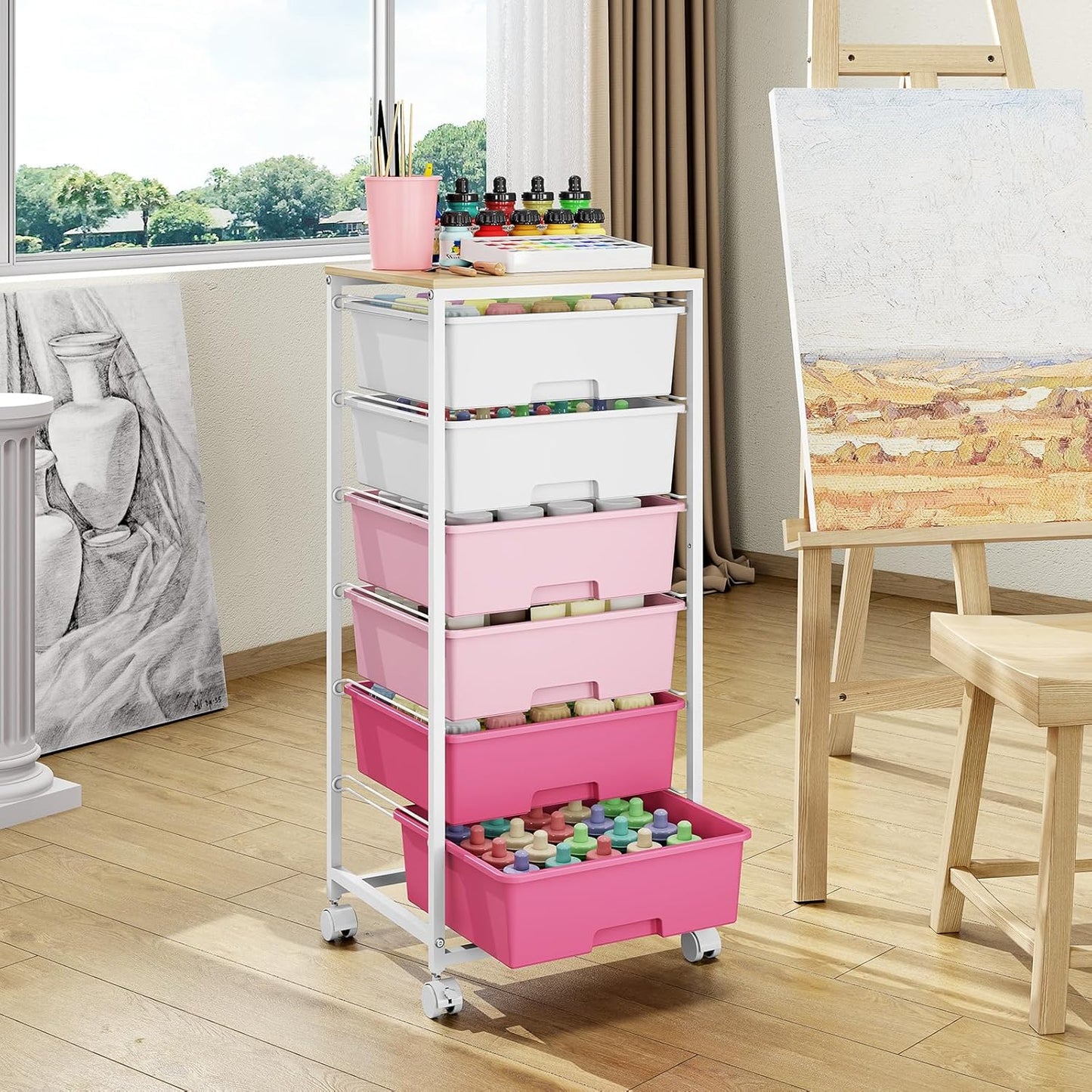 Rolling Storage Cart with 6 Drawers and Wooden Tabletop, Lockable Wheels Utility Cart for Art Studios, Office Supplies & Craft Room Organization (Pink)