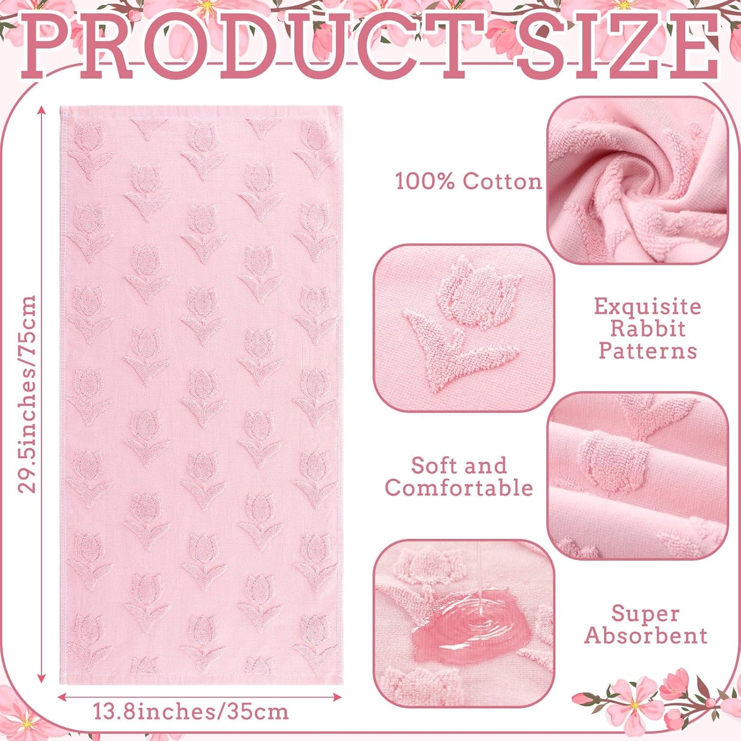 SmoothNovelty 2 Pcs Tulip Hand Towels for Bathroom Pink Tulip 100% Cotton Jacquard Weave Bath Towel Set Soft Absorbent Kitchen Towels for Bathroom Kitchen Summer Theme Gifts 13.8 x 29.5