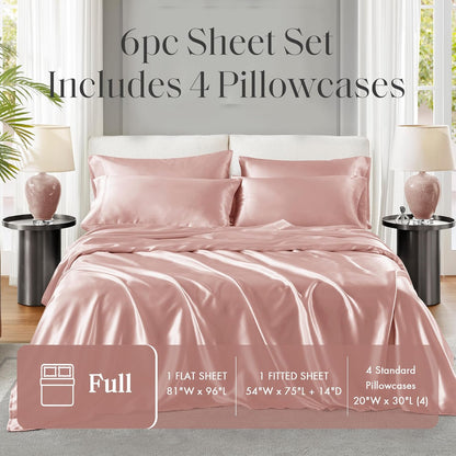 Madison Park Essentials Satin Sheet Set Luxury and Silky with Natural Sheen, Elastic 14" Pocket fits up to 16" Mattress, All Around Elastic - Year-Round Bedding, Full, Blush, 6 Piece