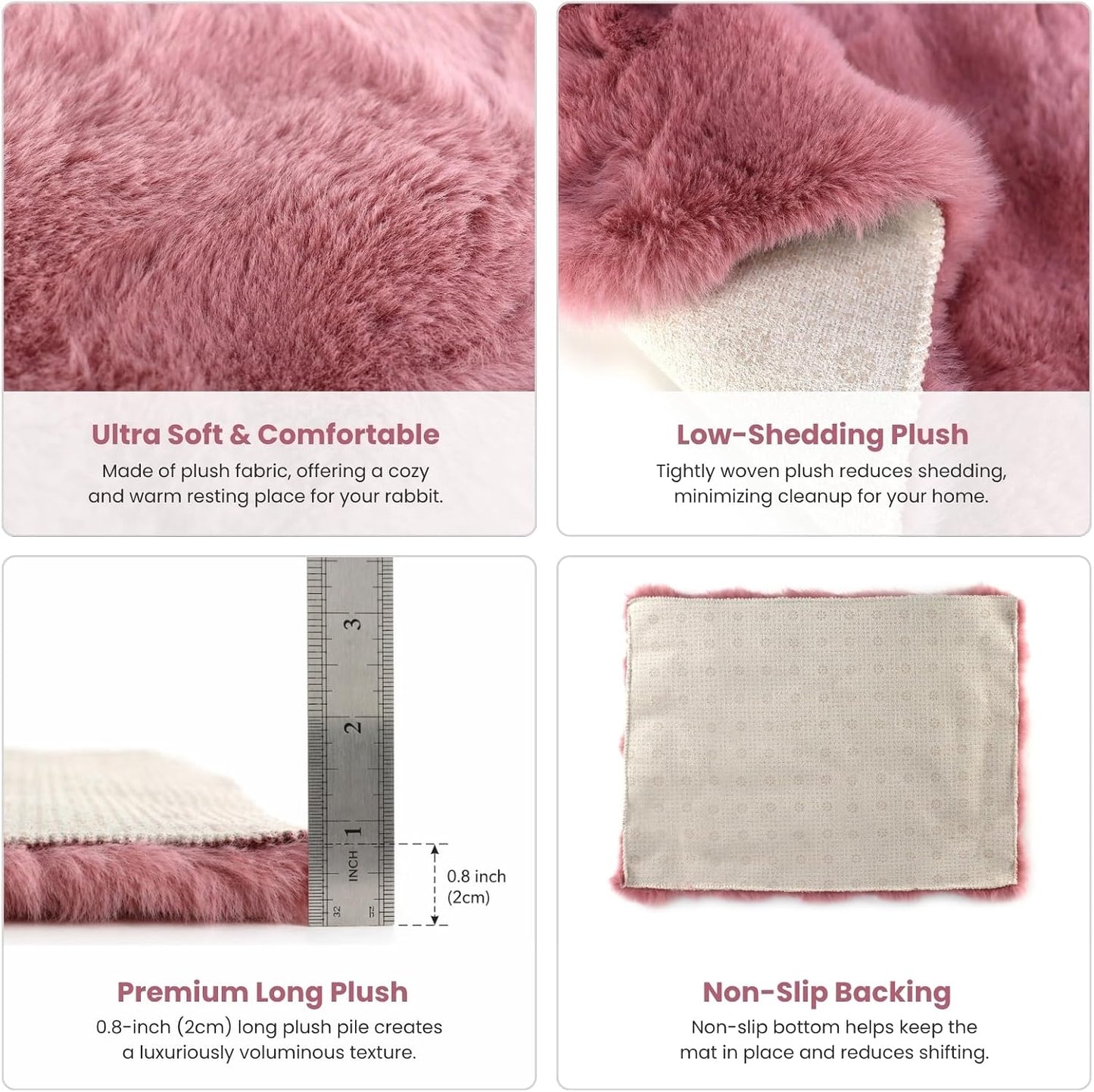 2 Pack Rabbit Mat, Soft Plush Bunny Bedding with Non-Slip Bottom, Washable Fluffy Guinea Pig Cage Liner, Small Pet Sleeping Pads for Hamster, Chinchilla, Pink
