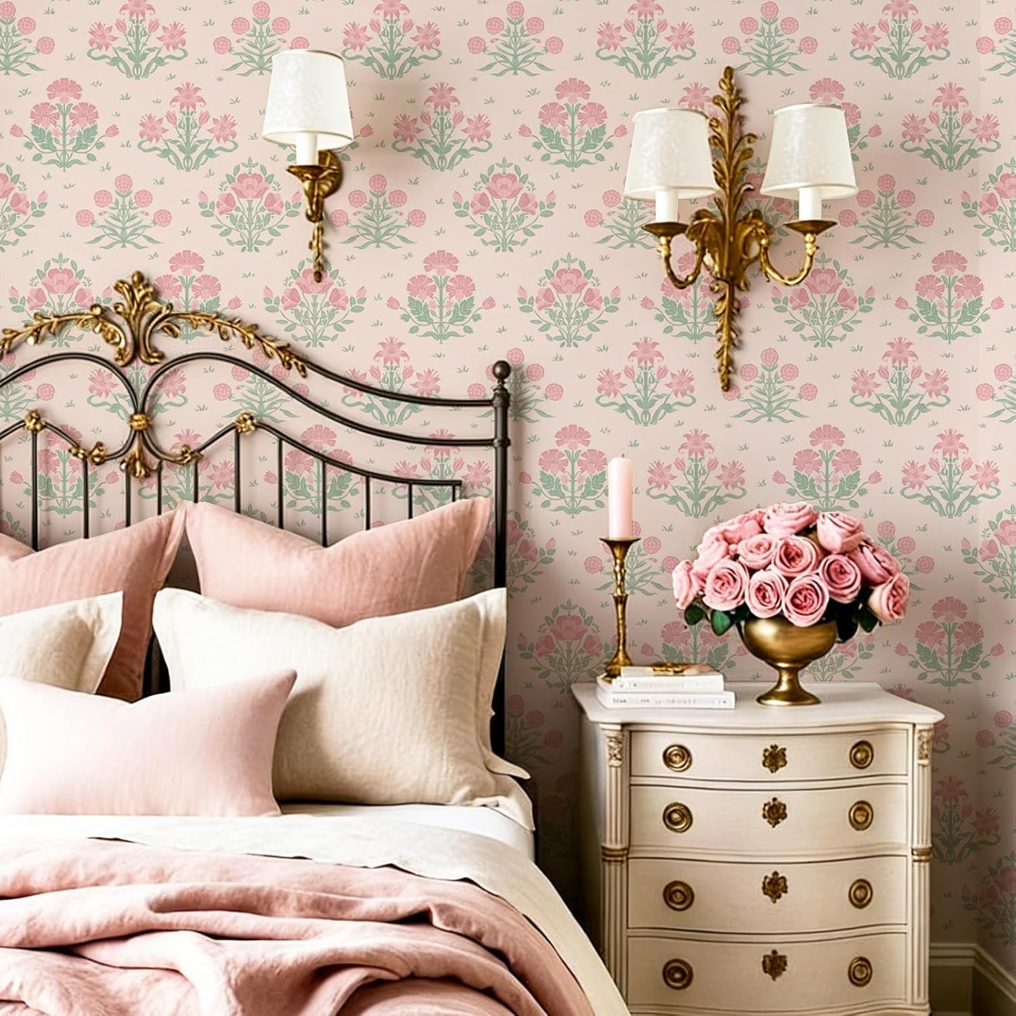 Pink Wallpaper Stick and Peel, Pink Floral Wallpaper Boho Girly Wall Paper Decorative Self Adhesive for Nursery Bedroom Bathroom 17.3" x 78.7"