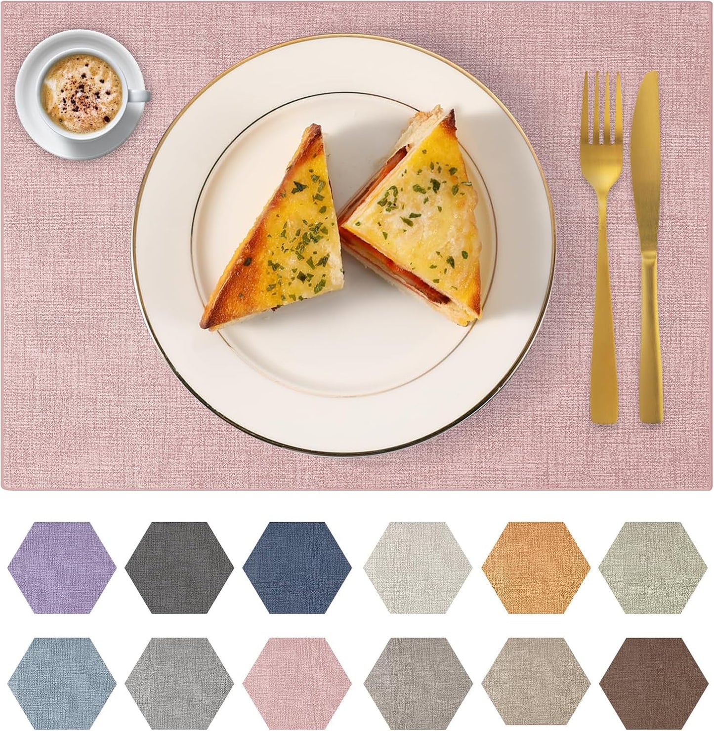 Faux Leather Placemats Set of 6 Washable PU Table mats for Kitchen Table - Heat Resistant, Waterproof, Easy Clean, Anti Slip 11.8" x 17" (Pink-6 Pack)