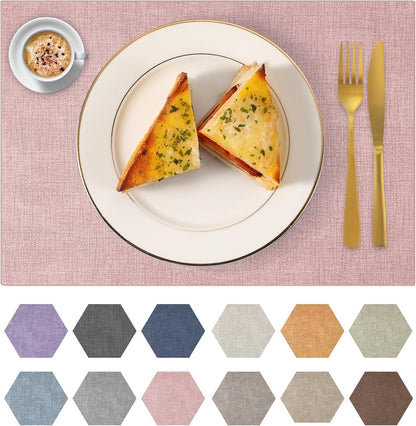 Faux Leather Placemats Set of 6 Washable PU Table mats for Kitchen Table - Heat Resistant, Waterproof, Easy Clean, Anti Slip 11.8" x 17" (Pink-6 Pack)