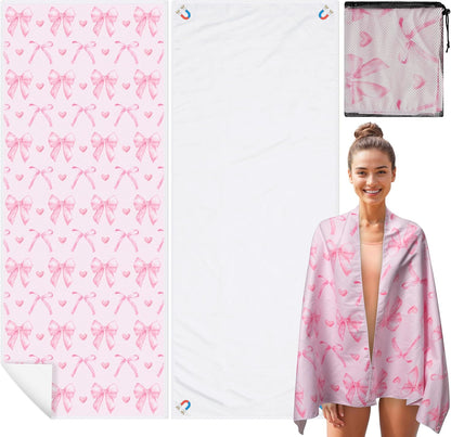 Coquette Pink Bow Magnetic Beach Towel - 75"x30" Sand Free Quick Dry Microfiber Towel with Built-in Magnets Lightweight for Beach Chair Car Door Pool Travel Camping Yoga with Storage Bag