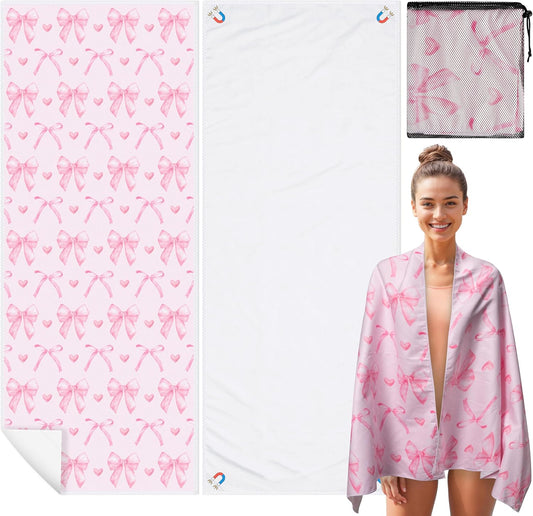 Coquette Pink Bow Magnetic Beach Towel - 75"x30" Sand Free Quick Dry Microfiber Towel with Built-in Magnets Lightweight for Beach Chair Car Door Pool Travel Camping Yoga with Storage Bag