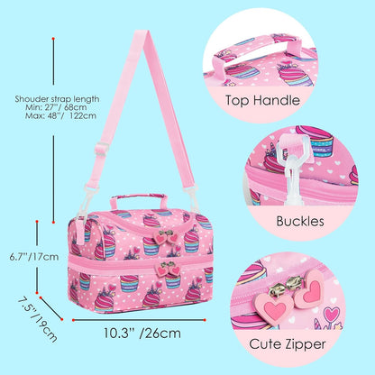 Insulated Kids Dual Compartment Lunch Bags Tote for Girls Boys Toddler Lunch Boxes Pre-School Toddler Kindergarten Picnic Camp Food Cooler Thermal with Strap (Pink Unicake)
