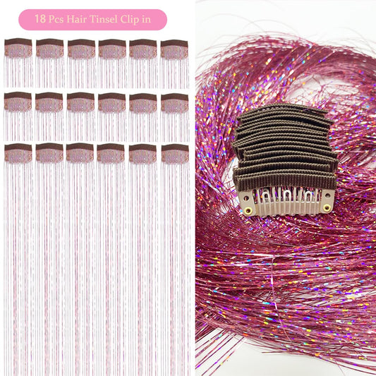ShowJarlly Pink Hair Tinsel 18 Pcs Clip in Hair Tinsel Kit for Girls 20 Inch Glitter Hair Extensions Heat Resistant Colored Hair Extensions for Kids Clip Ins Festival Accessories for Women