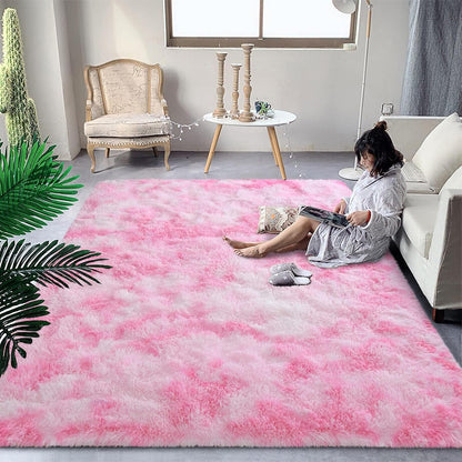 DweIke Fluffy Pink White Rugs for Bedroom Living Room, 4x6 Feet Soft Plush Shaggy Tie-Dyed Pink Girls Boys Kids Rug, Non-Slip and Machine Washable Carpet for Dorm Nursery Classroom Decor